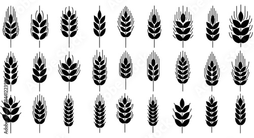 Collection of various stylized black and white wheat ears and grain symbols.