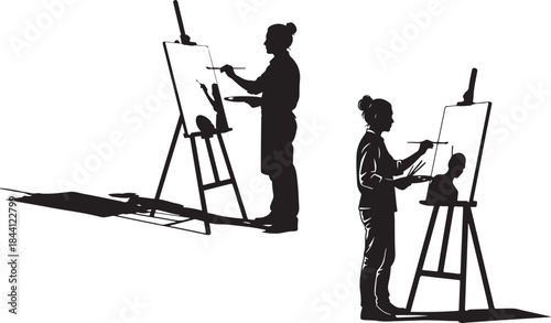 Silhouette illustration of standing and painting at easels