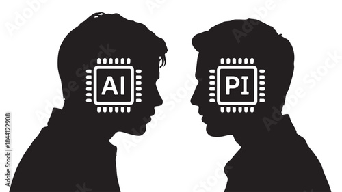 Silhouette of two men facing each other with AI and PI icons in their heads in minimalist style with high contrast lighting for technology