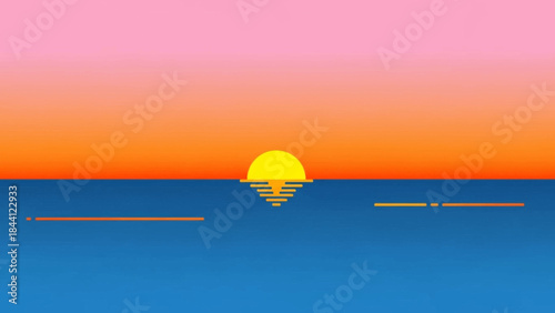 Vibrant Sunrise: A serene scene captures the dawn, with a golden sun emerging over a calm sea, painted with hues of orange, blue, and pink. 