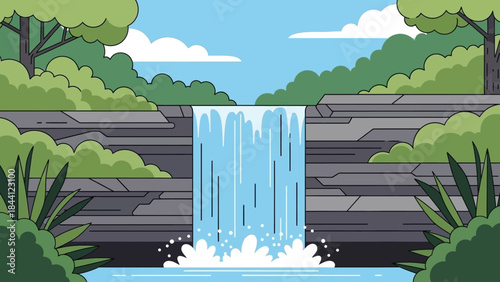 Serene Cascade: A vibrant illustration depicts a breathtaking waterfall cascading down a rocky cliff, surrounded by lush greenery and a bright blue sky.