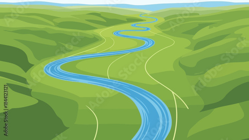 Winding River Landscape: A serene landscape showcases a winding river gracefully meandering through lush green valleys, its waters reflecting the vast expanse of the sky. 