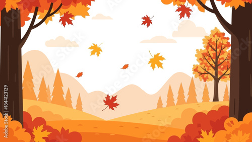 Autumnal Vista: A panoramic view of an autumn landscape is framed by trees, leaves in various shades of orange and red swirling gently in the air, creating a serene and captivating scene.