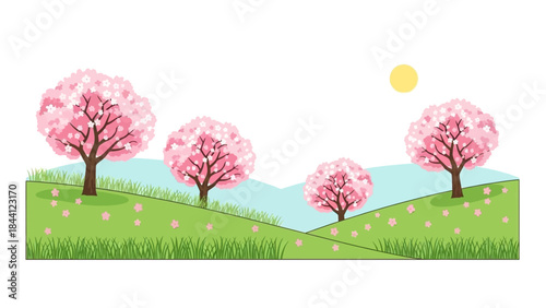 Cherry Blossom Landscape: A whimsical landscape features blossoming cherry trees in a colorful, spring day with the sun high in the sky. evoking a sense of joy and the beauty of spring.