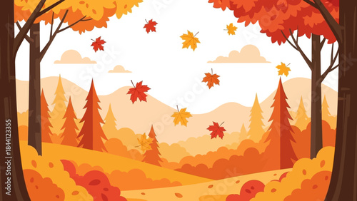 Autumnal Forest Landscape: A vibrant illustration showcasing an autumn forest, complete with falling leaves and colorful trees, capturing the essence of the season's scenic beauty. 