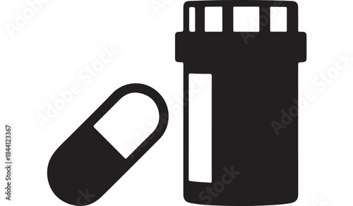 Pill and Prescription Bottle Silhouette Dark Minimalistic Simple Design for Healthcare