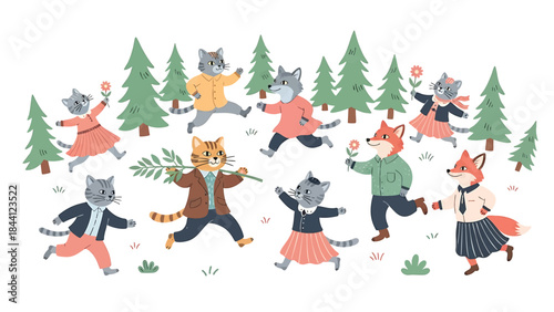 Adorable animal characters in clothing running joyfully through a pinetree forest scene