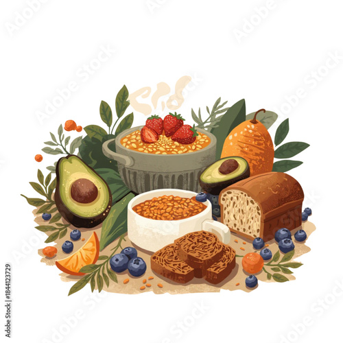 Healthy Breakfast Flat Illustration with Eggs, Toast, and Coffee