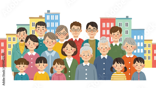 Cartoon family portrait with children adults and senior citizens in residential neighborhood