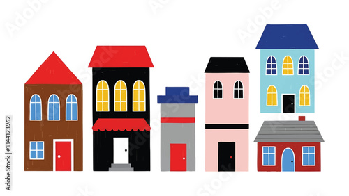 Cartoon styled vector illustration of a neighborhood city block with colorful houses