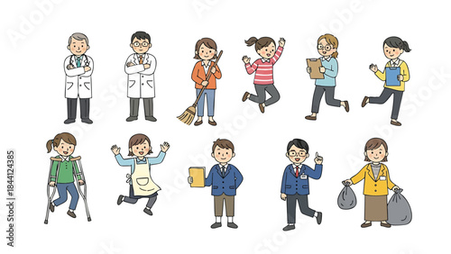 Diverse cartoon community helper characters  doctors cleaner student worker isolated