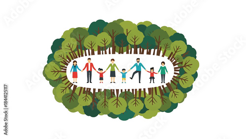 Family holding hands in a forest circle concept for ecologyenvironmentnature themes