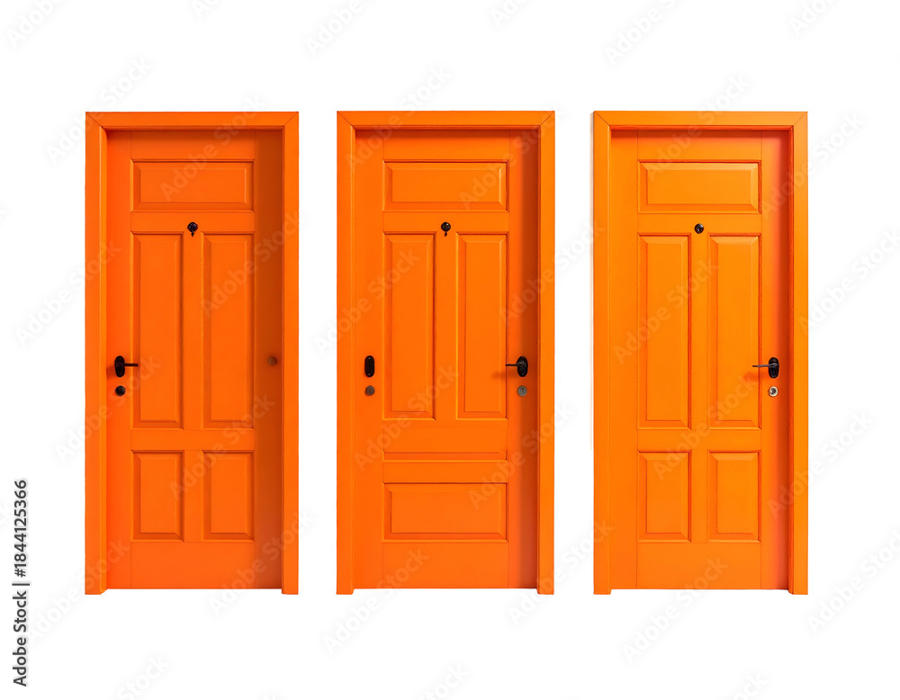 Obraz premium Three bright orange doors aligned, featuring paneling and black hardware