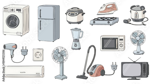 Household appliance collection illustration including washing machine and refrigerator isolated on transparent background