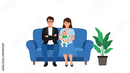 Happy young familymother father and babysitting on a blue couch illustration