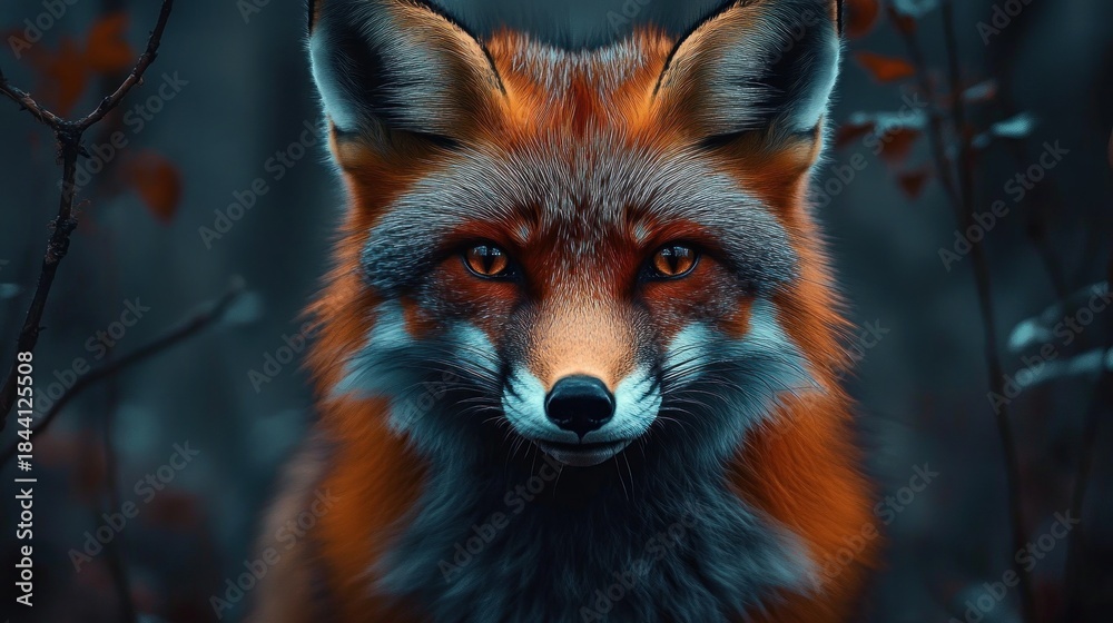 Obraz premium Close-up of a red fox staring intently amidst dark, blurred forest background with soft focused branches and leaves