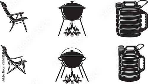 Vector illustration of essential camping equipment including chair, cooking pot and jerry can 