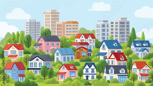 Scenic neighborhood illustration featuring colorful houses surrounded by lush green trees and buildings