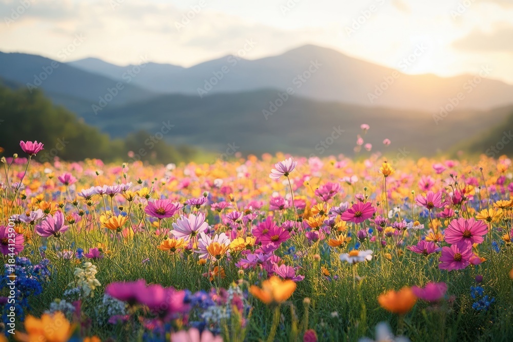 Fototapeta premium Colorful wildflower meadow of pink, orange, blue and yellow blossoms under warm sunrise light with rolling distant mountains, a serene and joyful scene