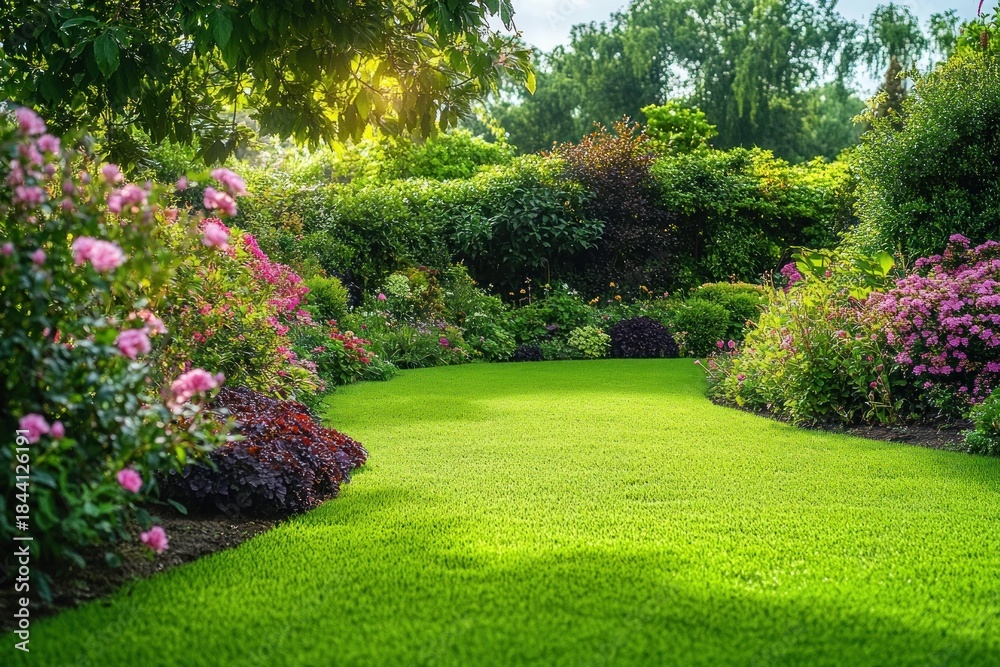 Naklejka premium Sunlit manicured green lawn path through a colorful flower garden with pink blooms, dense hedges and leafy trees, evoking calm and peaceful serenity