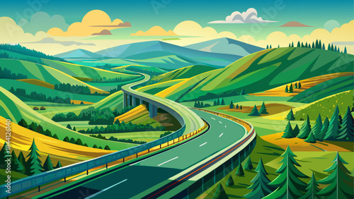 Winding road, scenic landscape, green hills, mountains, sunny day