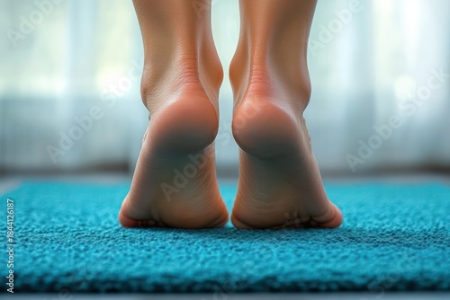 Close-up of bare heels and toes standing on a soft blue bath mat by a sunlit window, calm and gentle morning mood