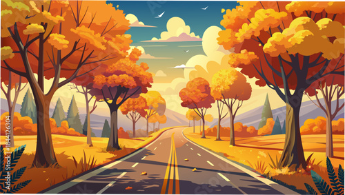 Autumn road, scenic landscape, vector illustration, fall colors
