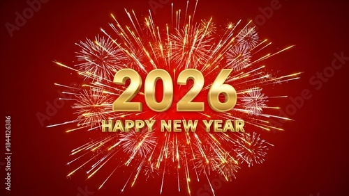 Golden 2026 Happy New Year celebration with vibrant fireworks display on a red background