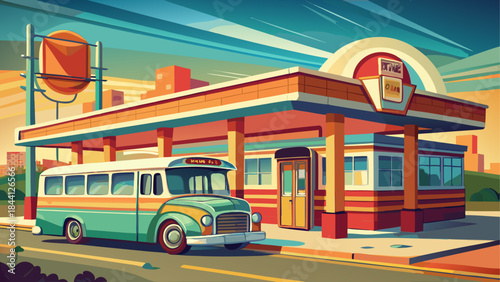 Retro diner, vintage bus, 50s restaurant, illustration, colorful, nostalgic scene