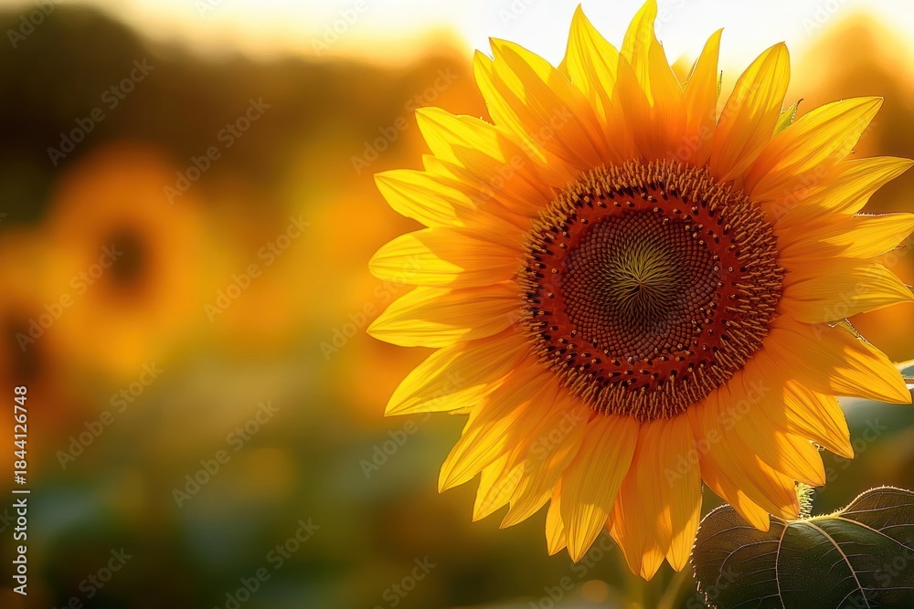 Fototapeta premium Close-up of a bright sunflower in a sunlit field with golden petals, detailed seed head, green leaves and a warm, cheerful summer bokeh background