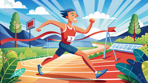 Runner crossing finish line, athletic track, sports illustration, fitness winner