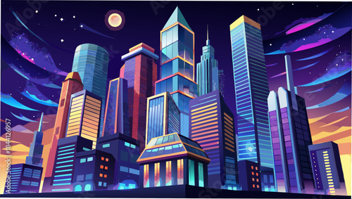 Neon cityscape, futuristic skyline, urban landscape, colorful illustration