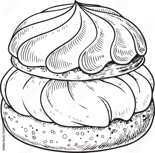 Profiterole Dessert Pastry Hand-drawn Sketch Drawing Vector Illustration, Line Linear Symbol Engraving Coloring Book, Black and White Isolated