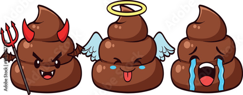 Funny cartoon poop emoji character illustration set featuring devil, angel, and crying expressions in cute colorful vector style