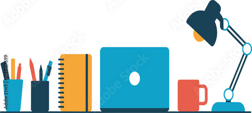 Modern workspace desk illustration featuring laptop, notebook, desk lamp, coffee mug, and stationery in clean flat vector style