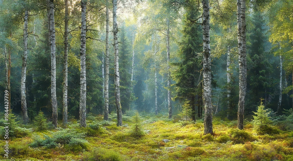 Fototapeta premium Sunlit birch and evergreen forest with mossy ground and soft morning mist, a peaceful and serene woodland clearing