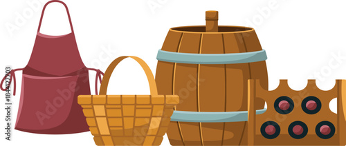 Wine cellar illustration set featuring apron, wicker basket, wooden barrel, and wine rack storage elements in clean vector style
