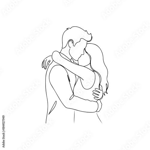 A minimalist continuous line drawing capturing a romantic couple's loving embrace isolated on transparent background