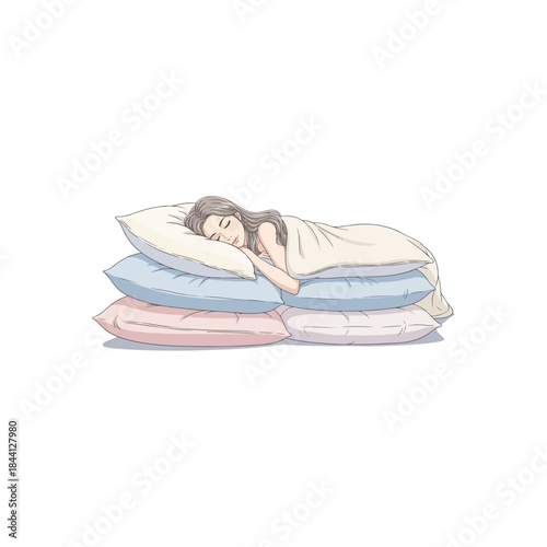 A beautiful illustration of a young woman enjoying deep sleep on a massive stack of soft pillows isolated on transparent background