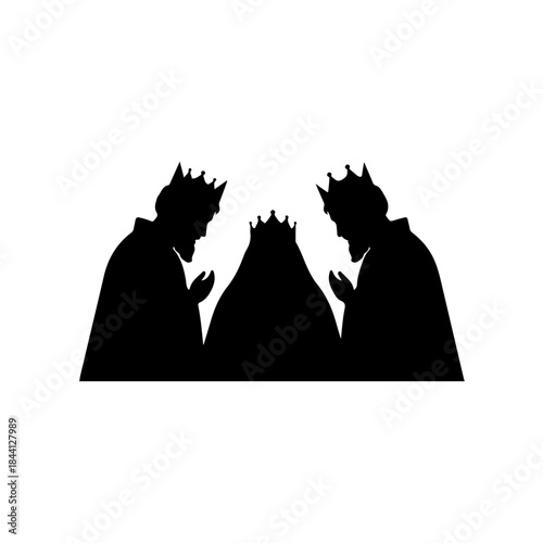 Three wise men silhouette design bowing to a central figure, representing a religious christmas theme isolated on transparent background