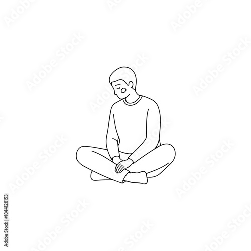 A simple line art illustration of a person sitting in a meditative pose with a bowed head isolated on transparent background