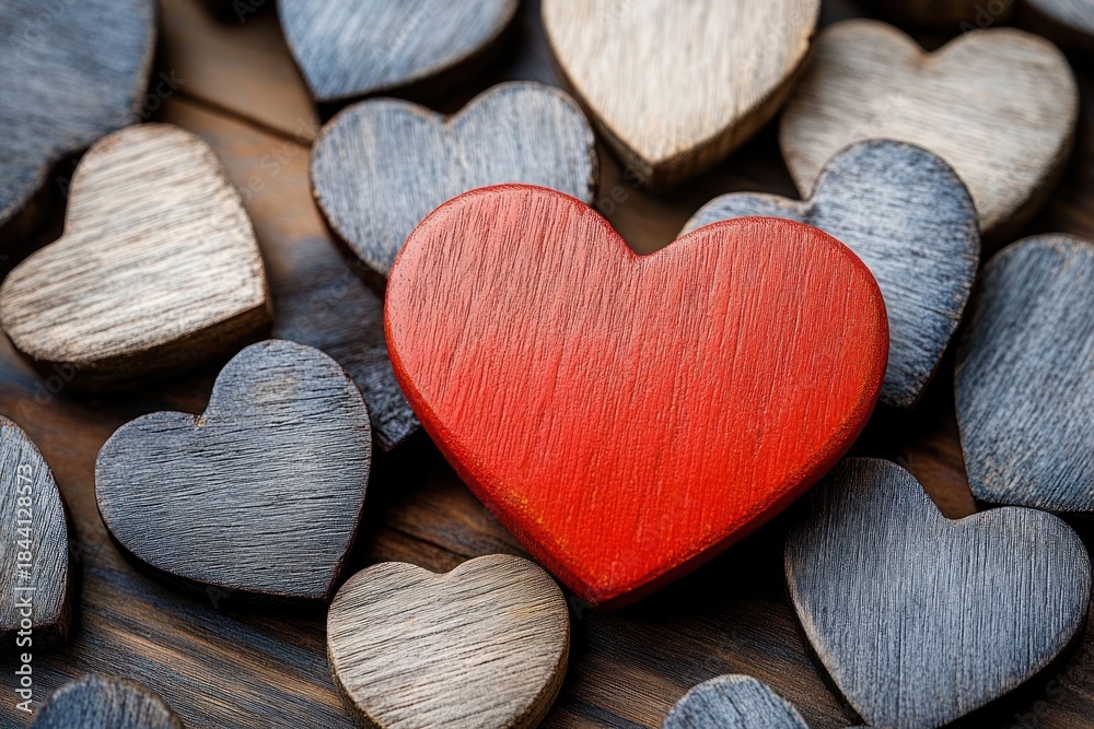 Obraz premium single red wooden heart among scattered gray weathered wooden hearts on a wooden surface conveying warmth, love and a sense of standing out