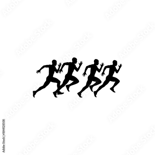 A line of black silhouettes depicting runners in full stride against a white background isolated on transparent background