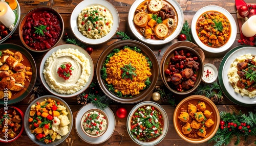 Wallpaper Mural A festive overhead shot showcases various dishes arranged on a wooden table, adorned with festive decorations. The scene celebrates a rich display of delicious food Torontodigital.ca