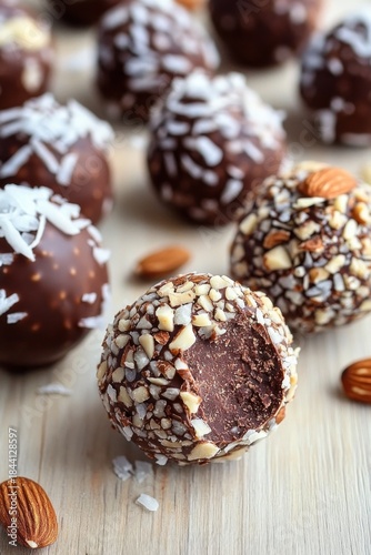Chocolate truffles coated in chopped almonds and coconut flakes on a wooden board with one bitten to reveal a rich chocolate center, tempting and indulgent