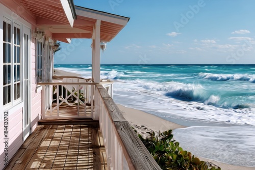 pastel-colored beach bungalow overlooking the beach and ocean