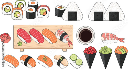 Japanese sushi food vector set featuring nigiri, maki rolls, onigiri, hand rolls, soy sauce and traditional cuisine illustration elements