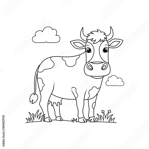 A black and white line drawing of a smiling cow standing in a field