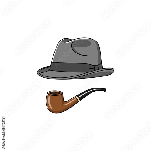 Classic illustration of a detective's iconic accessories: a fedora and a smoking pipe isolated on transparent background