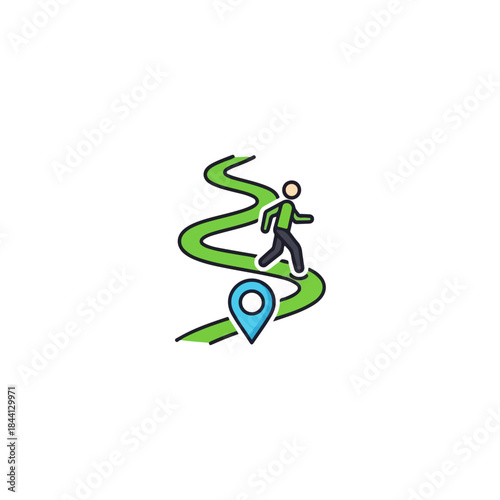 A person walking on a winding path toward a destination indicated by a location pin icon isolated on transparent background